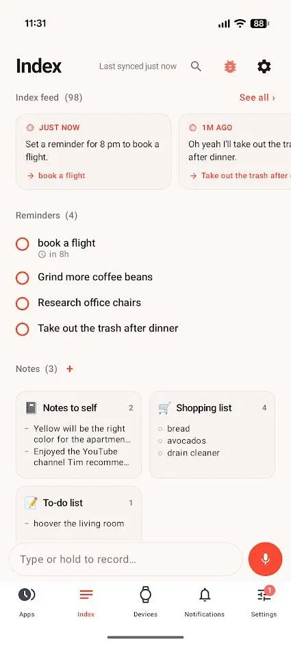 Pebble app home screen with reminders and notes