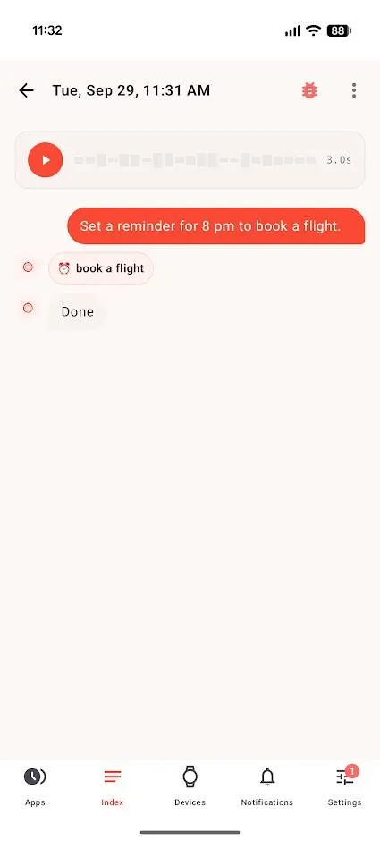 Screenshot of the Pebble app with a transcribed and tagged voice note