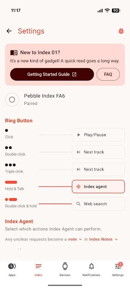 Pebble app settings showing how the ring’s gestures are configured