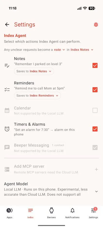 Index 01 agent settings with the available actions