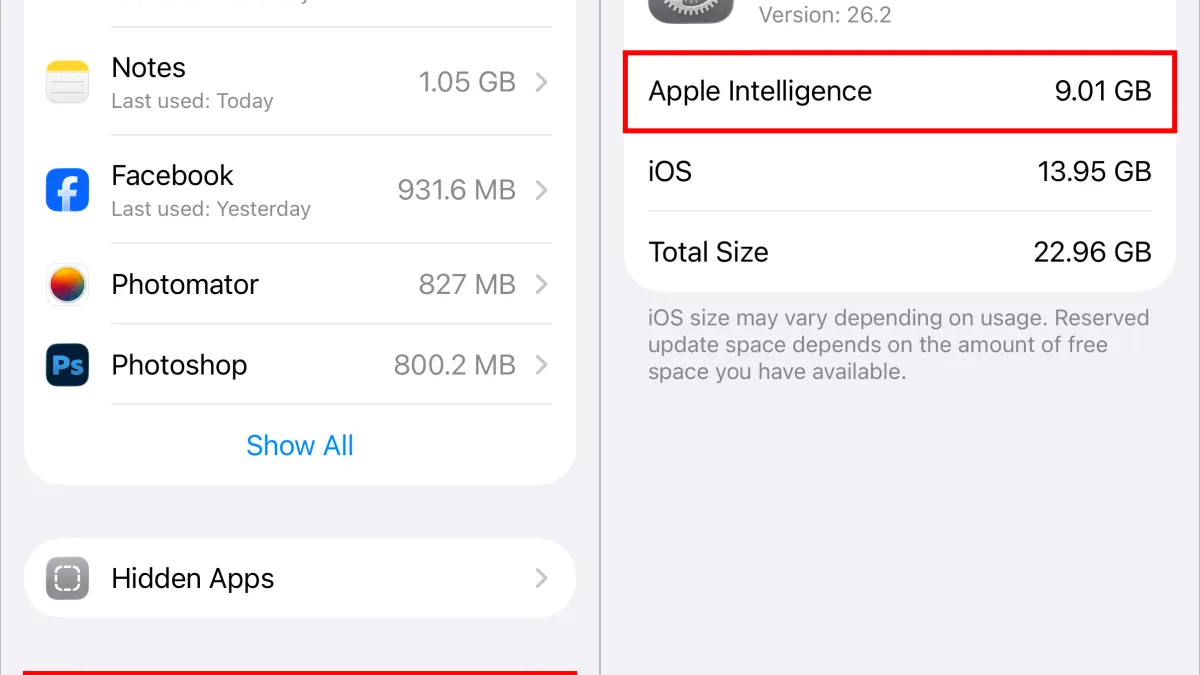 Dos capturas de los ajustes de almacenamiento del iPhone con el espacio usado por Apple Intelligence