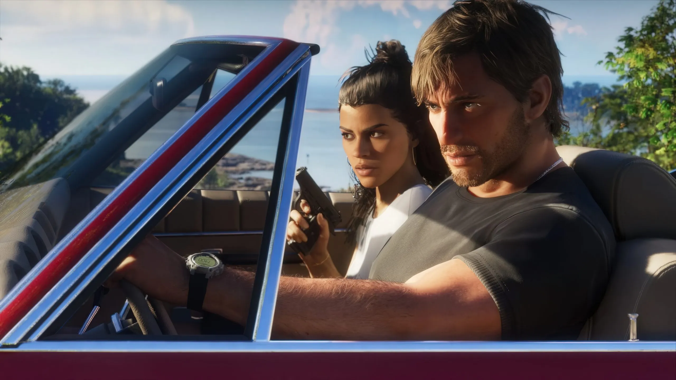 Jason y Lucía en un descapotable rojo durante una escena de GTA 6