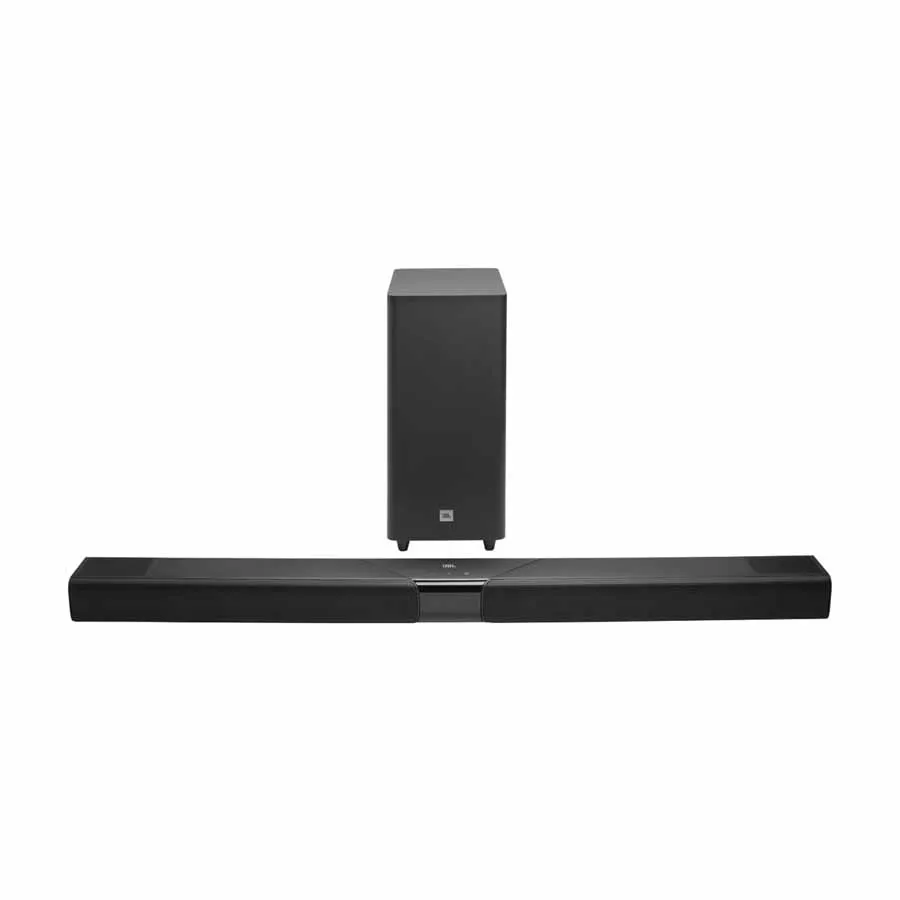 Barra de sonido JBL Cinema SB MK2 vista frontal con el subwoofer inalámbrico detrás