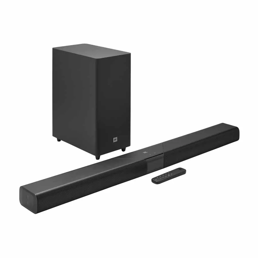 Barra de sonido JBL Cinema SB MK2 en perspectiva con el subwoofer y el mando a distancia
