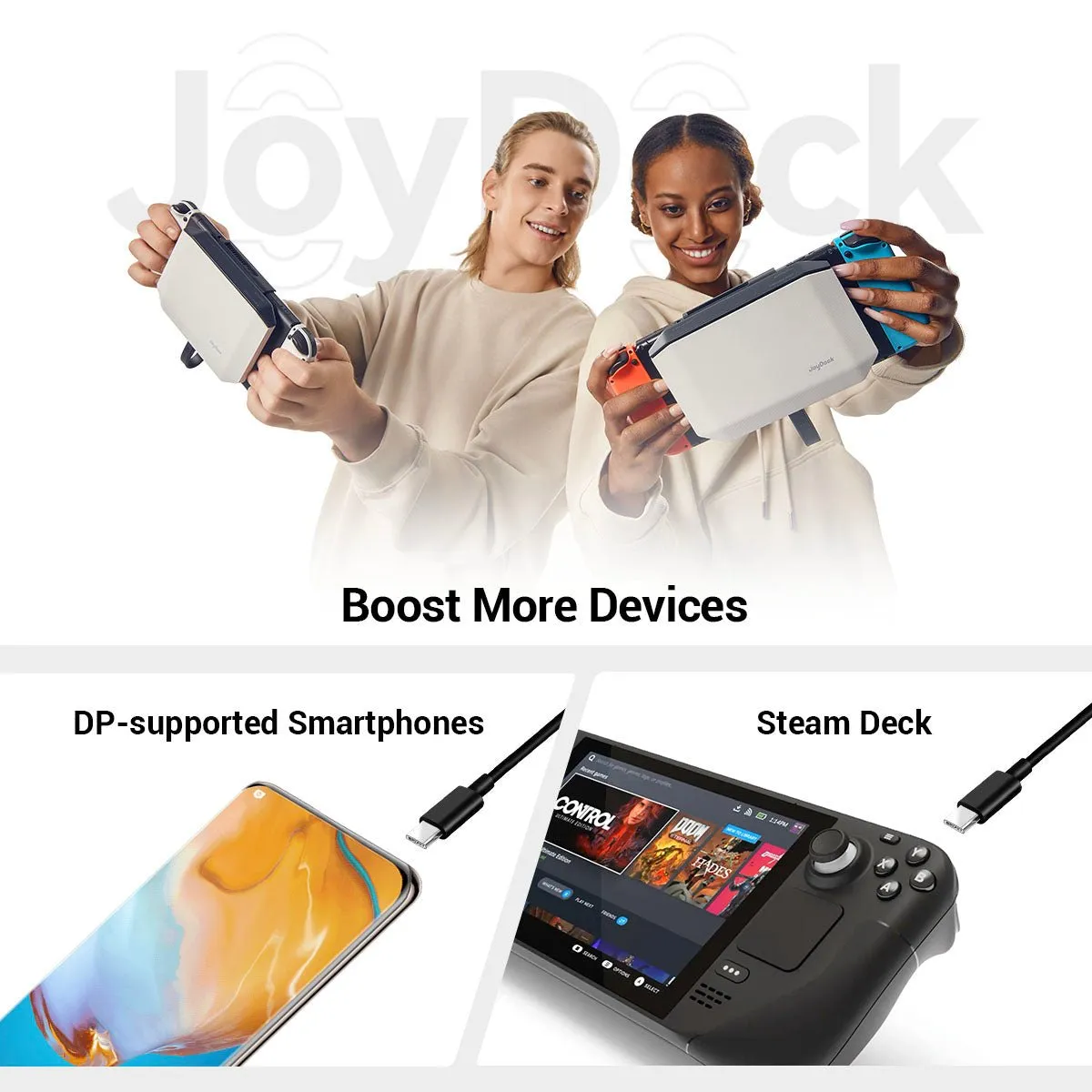 Dos personas sosteniendo dispositivos portátiles con JoyDock y ejemplos de equipos compatibles, como móviles con DisplayPort y una Steam Deck