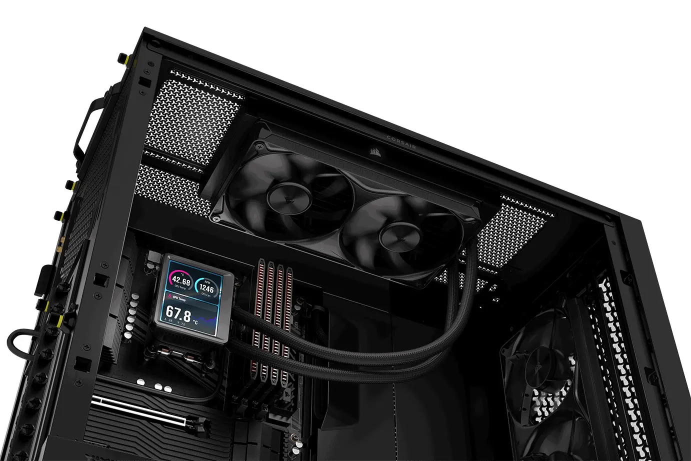 Nautilus II RS LCD montado en la parte superior de una caja negra, con la pantalla mostrando la temperatura de la CPU