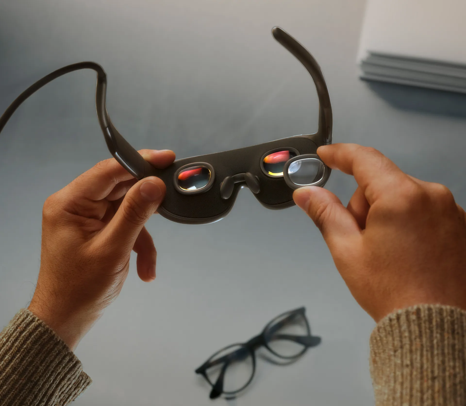 Manos sosteniendo las Meta VR Glasses y mostrando las lentes pancake con reflejos de color