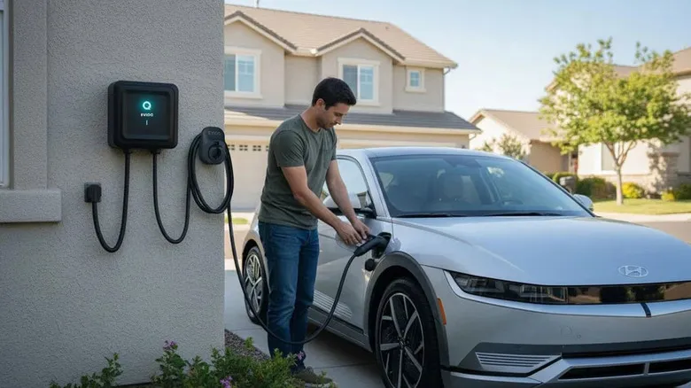 Cargador de nivel 2 instalado en el exterior de una vivienda junto a un Kia EV