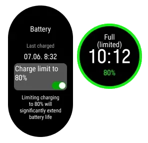 Polar watch battery screen with the 80% charge limit enabled