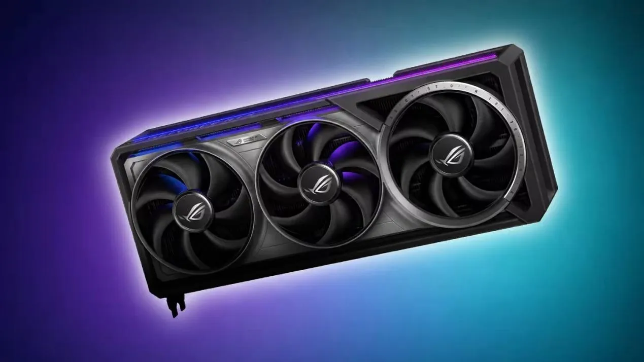 Tarjeta gráfica ASUS ROG Strix con tres ventiladores sobre un fondo degradado morado y azul