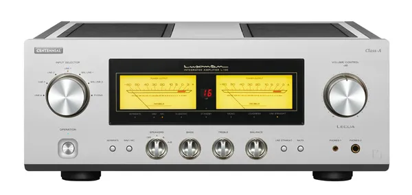 Vista frontal del amplificador integrado Luxman L-100 Centennial, con sus vúmetros analógicos y controles de tono
