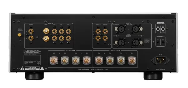 Panel trasero del Luxman L-100 Centennial, con entradas de línea, fono y terminales de altavoces