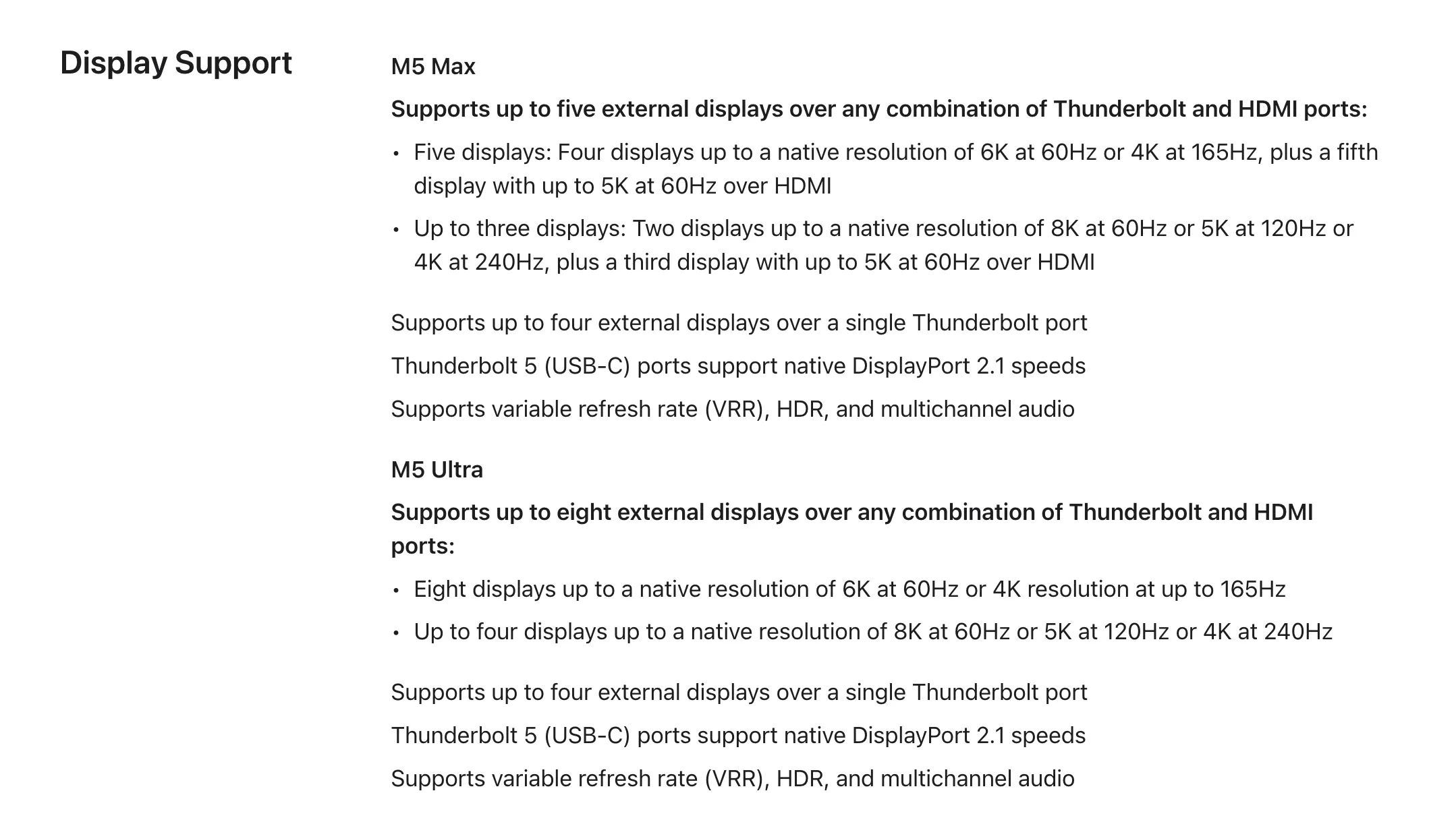 Tabla de soporte de pantallas externas de los Mac Studio con M5 Max y M5 Ultra