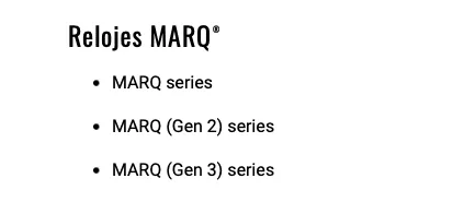 Categoría MARQ en la página de soporte de Garmin, con el MARQ Gen 3 junto al Gen 2