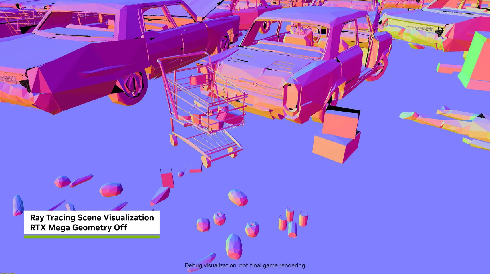 Visualización de depuración del trazado de rayos de una escena de Gears of War: E-Day con RTX Mega Geometry desactivado, con la geometría reducida a formas simples