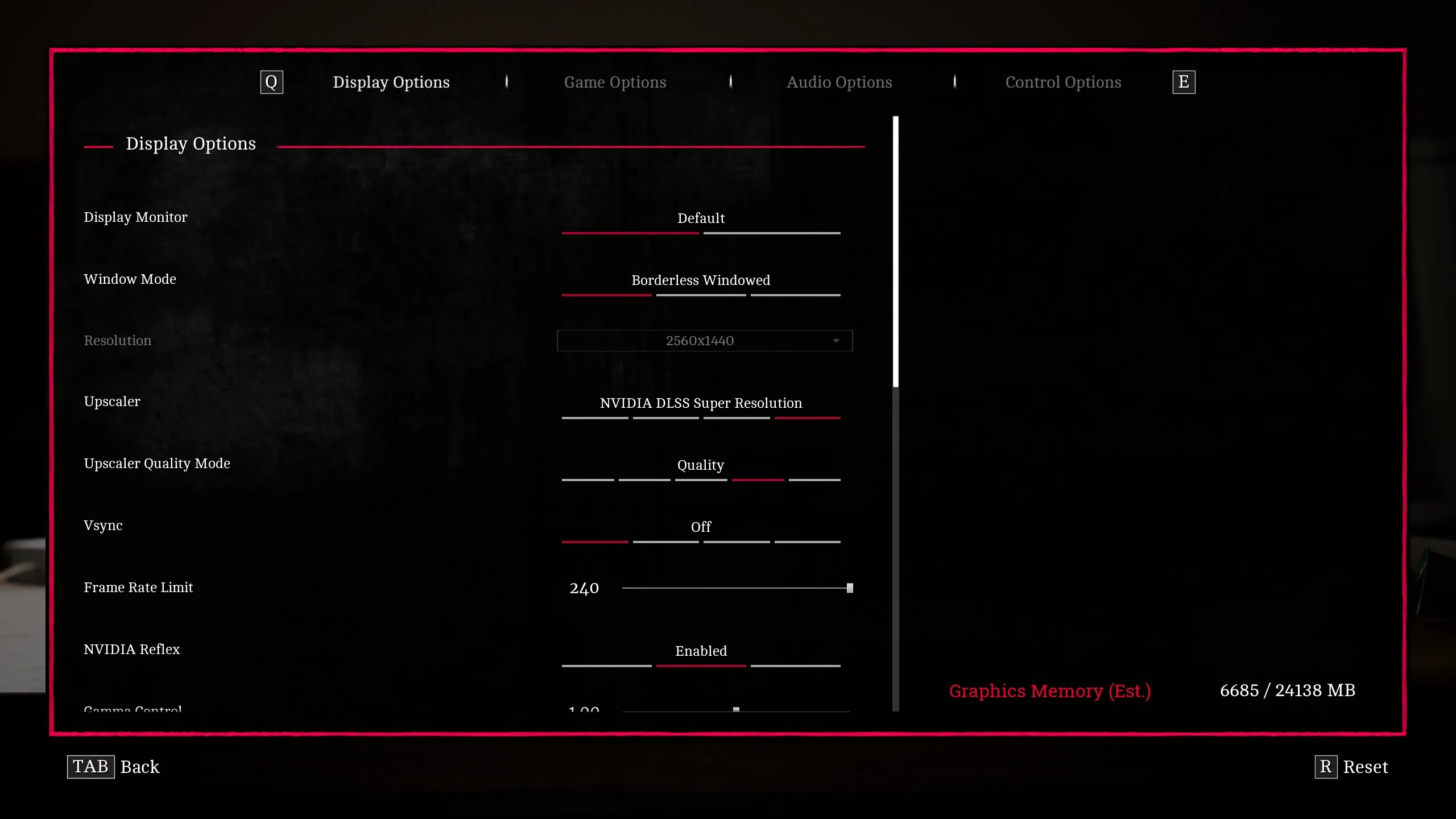 Menú de pantalla de SILENT HILL Townfall con DLSS Super Resolution en Quality a 2560x1440