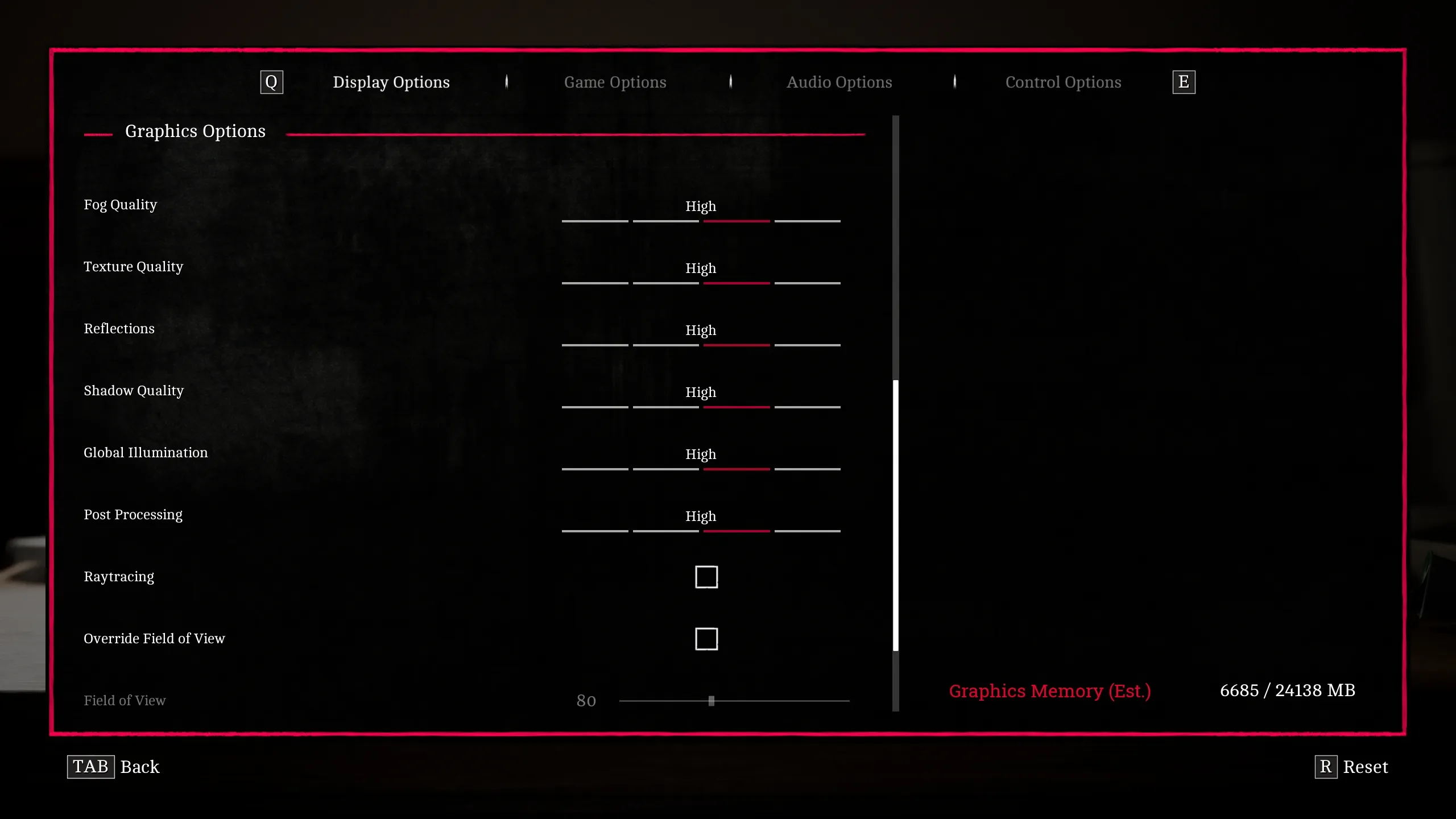 Opciones de gráficos de SILENT HILL Townfall con las siete opciones en High y la estimación de memoria de gráfico