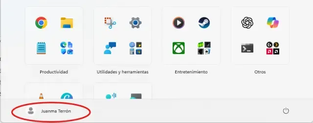 Zona inferior del menú Inicio de Windows 11 con el avatar genérico tras ocultar los datos del perfil