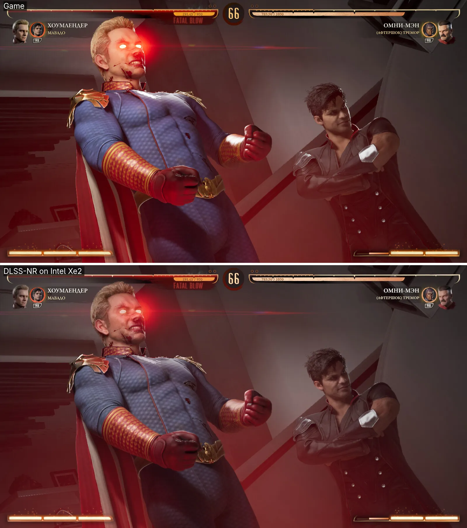 Fotograma completo de una pelea de Mortal Kombat 1, con el original arriba y el resultado procesado abajo