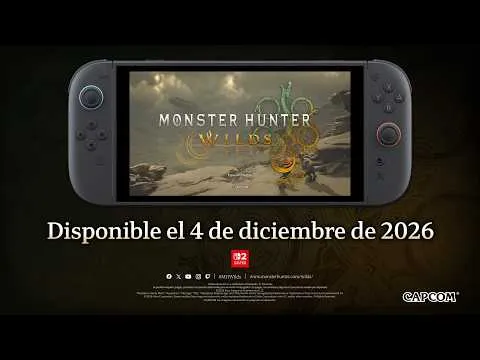 Consola portátil mostrando Monster Hunter Wilds en pantalla, miniatura del tráiler con su fecha de lanzamiento