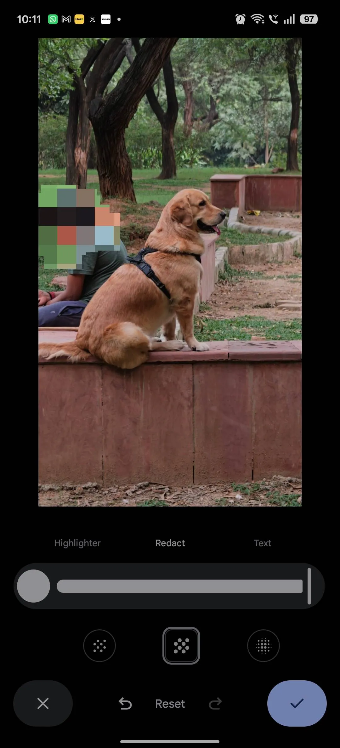 A face redacted with the Mosaic Light style in Google Photos