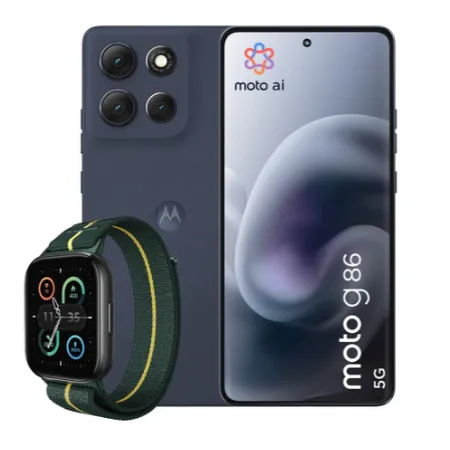 El pack del Motorola moto g86 5G junto al reloj Moto Watch Fit