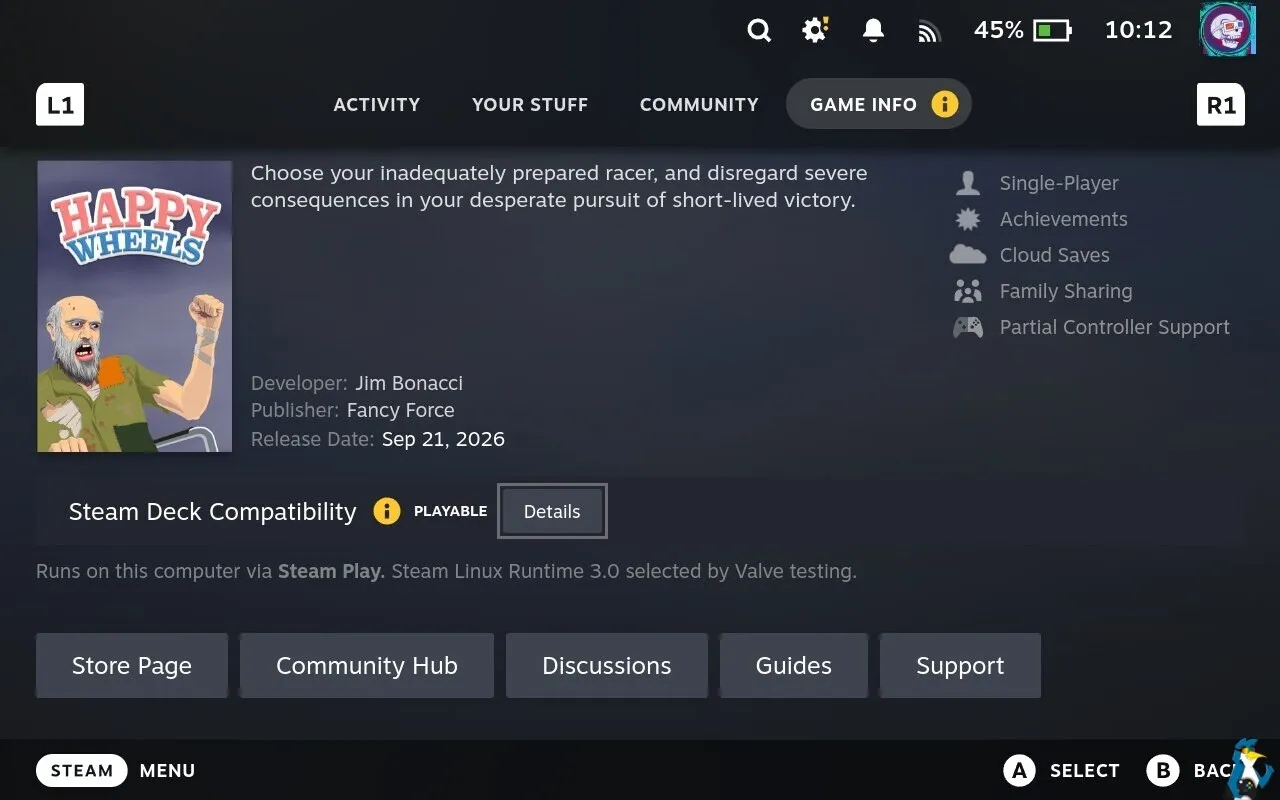 Ficha de información de un juego en Steam mostrando Steam Linux Runtime