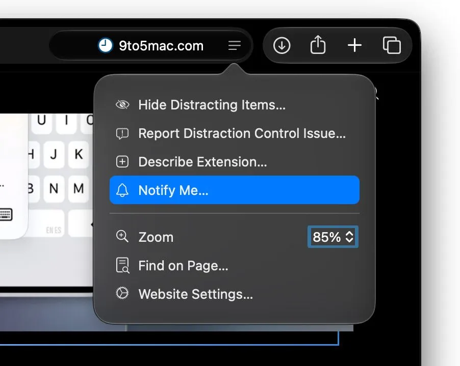 Menú de página de Safari con la opción Notify Me