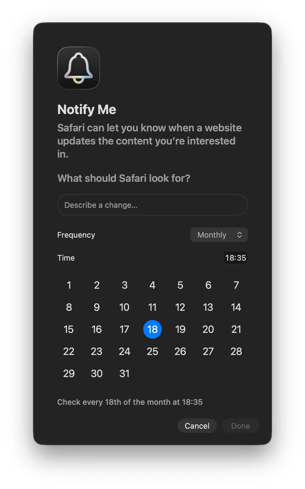 Diálogo Notify Me con la frecuencia en Monthly y el día 18 del mes seleccionado