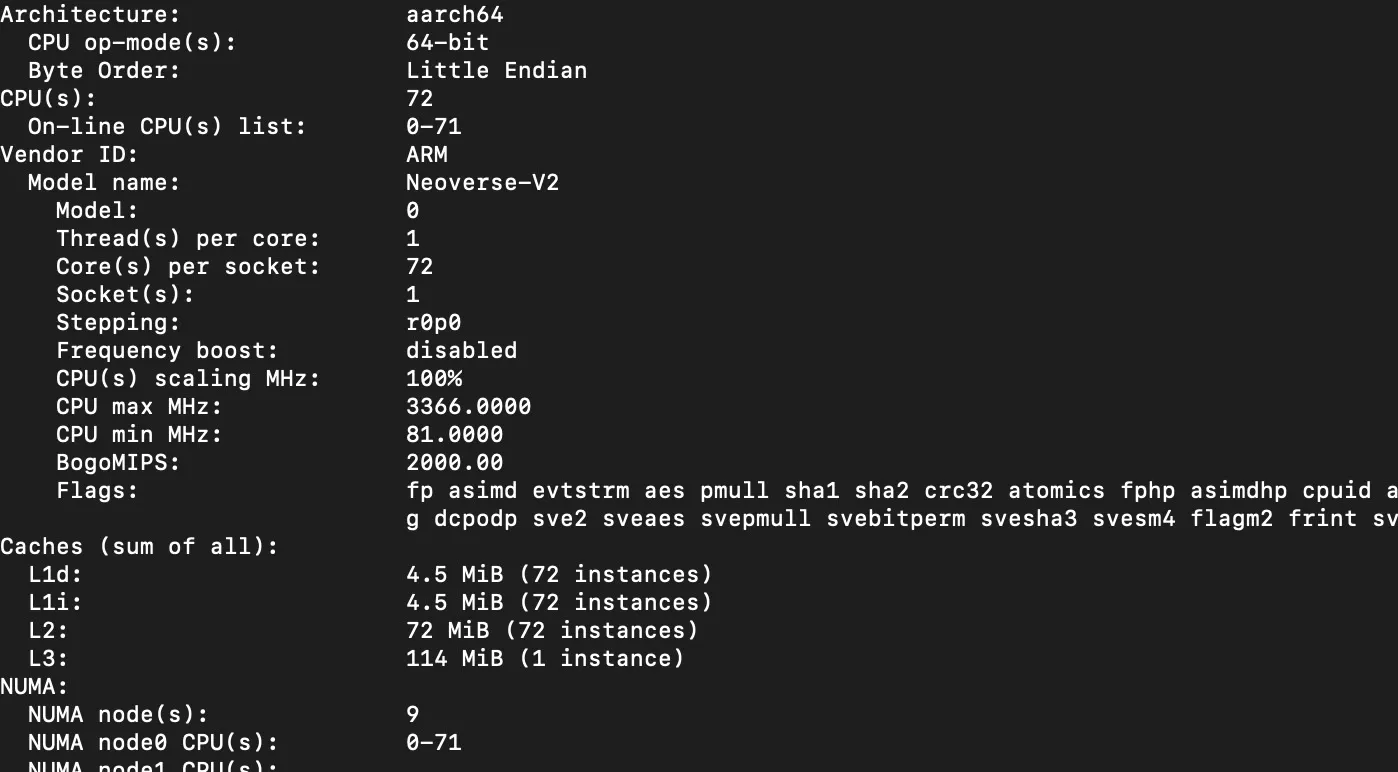Salida del comando lscpu en una CPU NVIDIA Grace