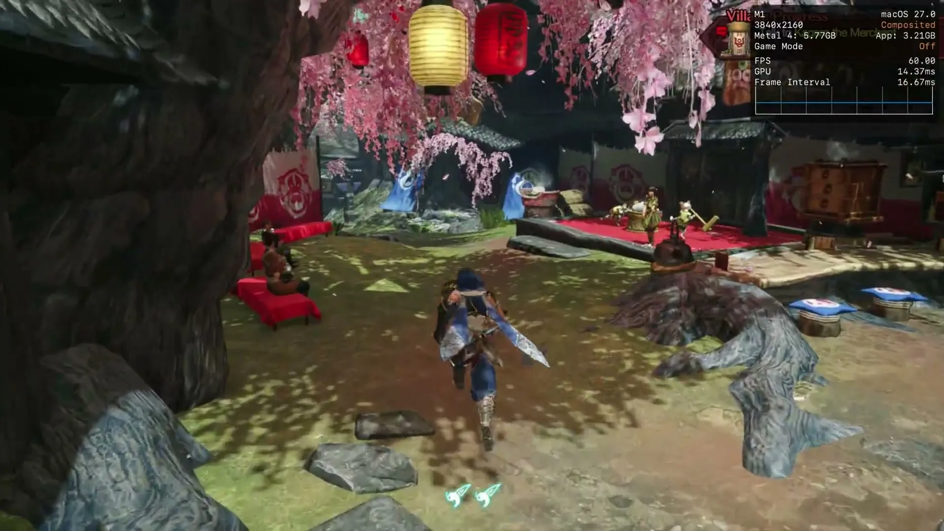 Superposición de Metal sobre Monster Hunter Rise en el Mac: M1, 60,00 FPS y 14,37 ms de GPU