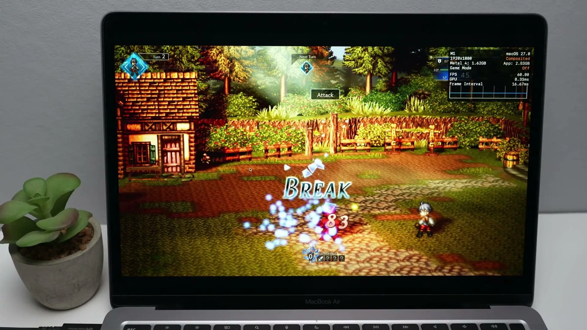 Unicorn Overlord como app de macOS en un MacBook Air, con la superposición de Metal en 1920×1080 y 60,00 FPS