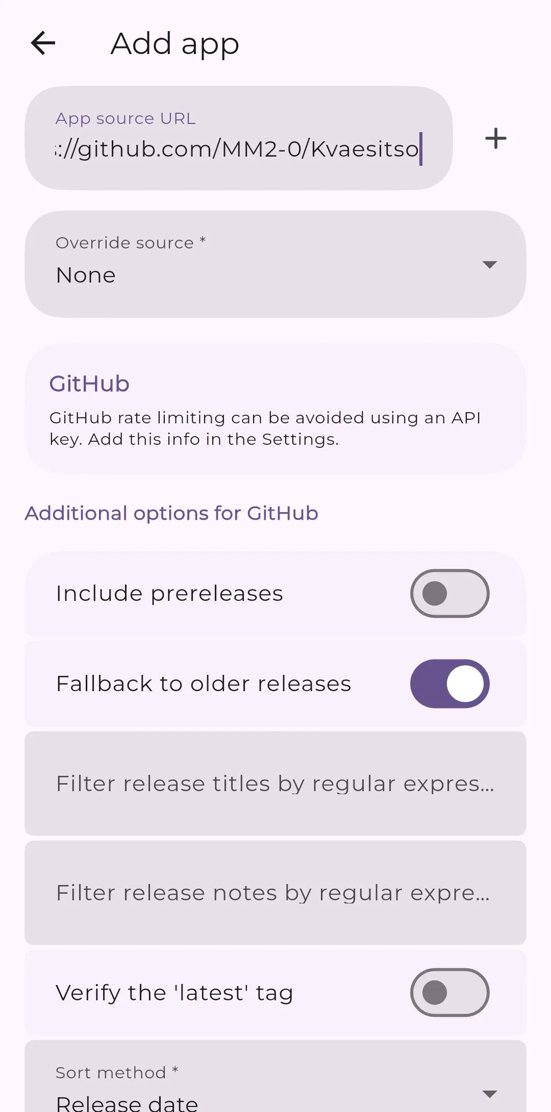 Pantalla de añadir aplicación en Obtainium
