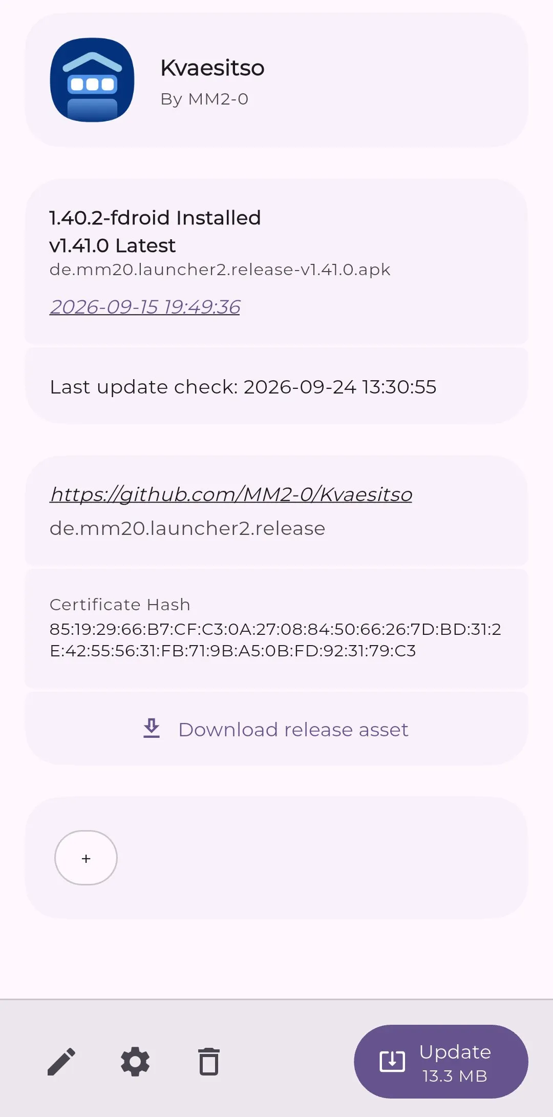 Obtainium mostrando una actualización de Kvaesitso