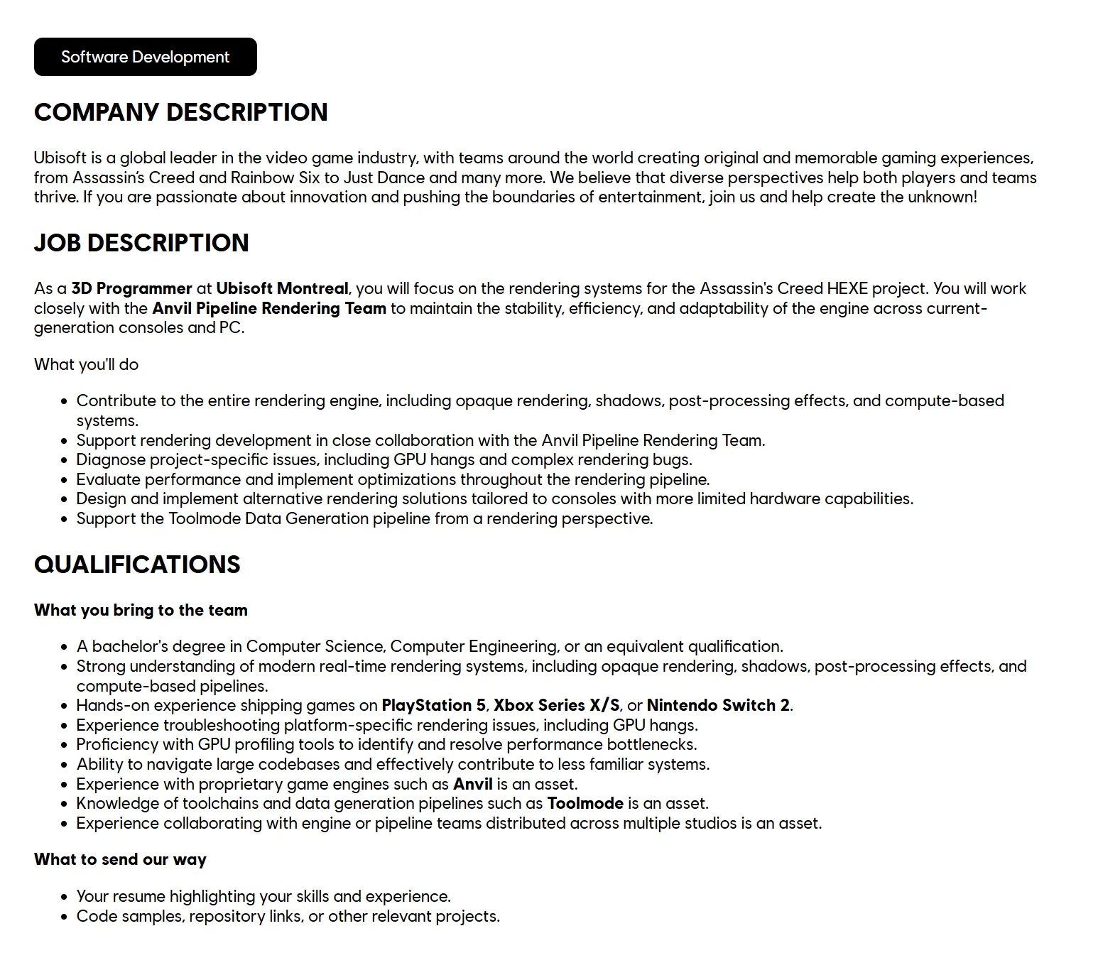 Captura de la oferta de empleo de Ubisoft para el puesto de programador 3D en Assassin’s Creed Hexe