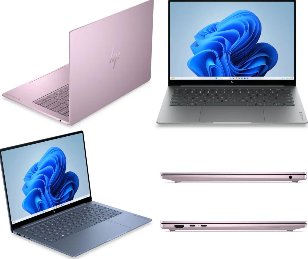 Varios ángulos del HP OmniBook 5 abierto, con la pantalla, el teclado y los puertos laterales