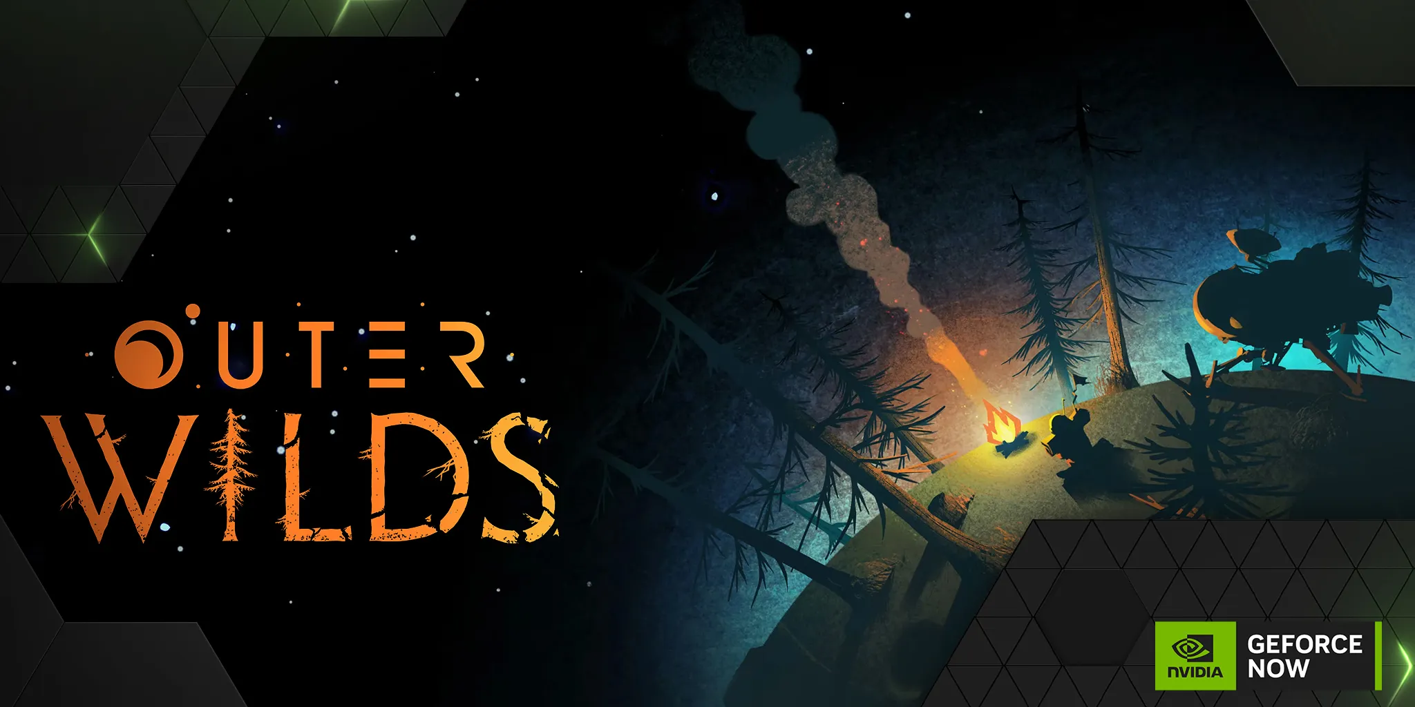 Imagen promocional de Outer Wilds con el logotipo del juego y una hoguera entre árboles