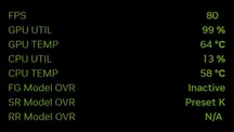 Overlay de estadísticas de NVIDIA App mostrando temperatura y consumo de la CPU