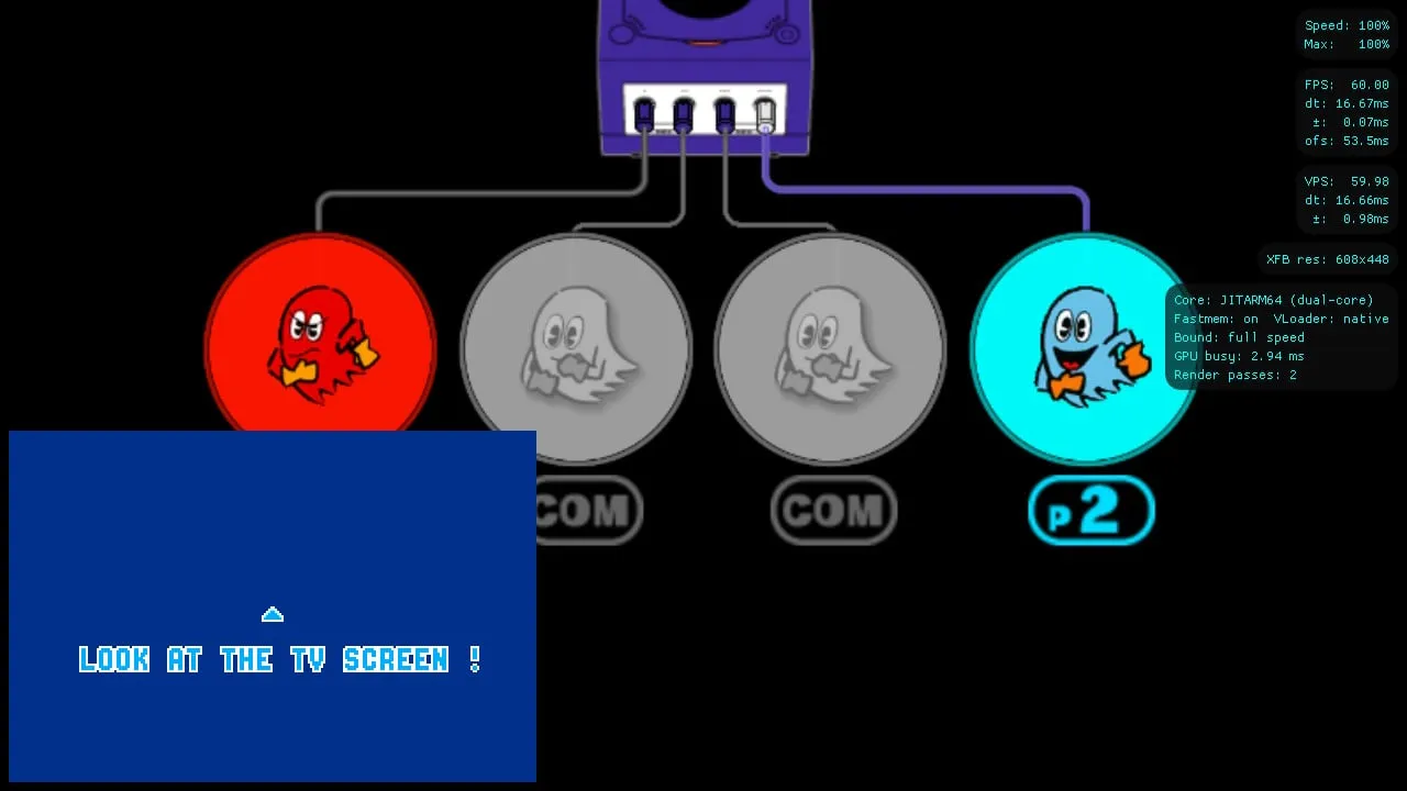 Selección de jugadores de Pac-Man Vs. con la pantalla de Game Boy Advance superpuesta en la esquina inferior izquierda