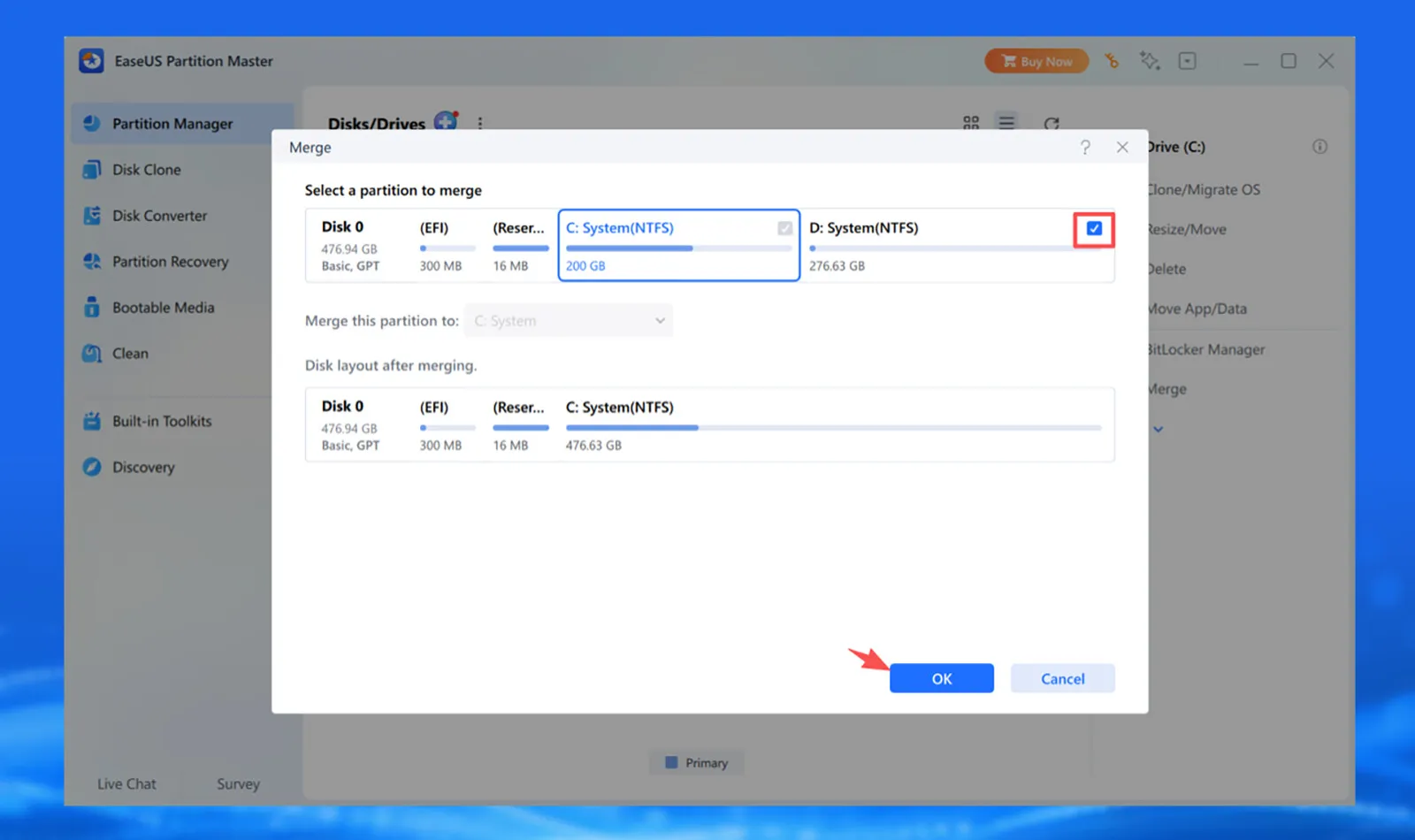 Ventana de EaseUS Partition Master para fusionar la unidad C con una partición adyacente