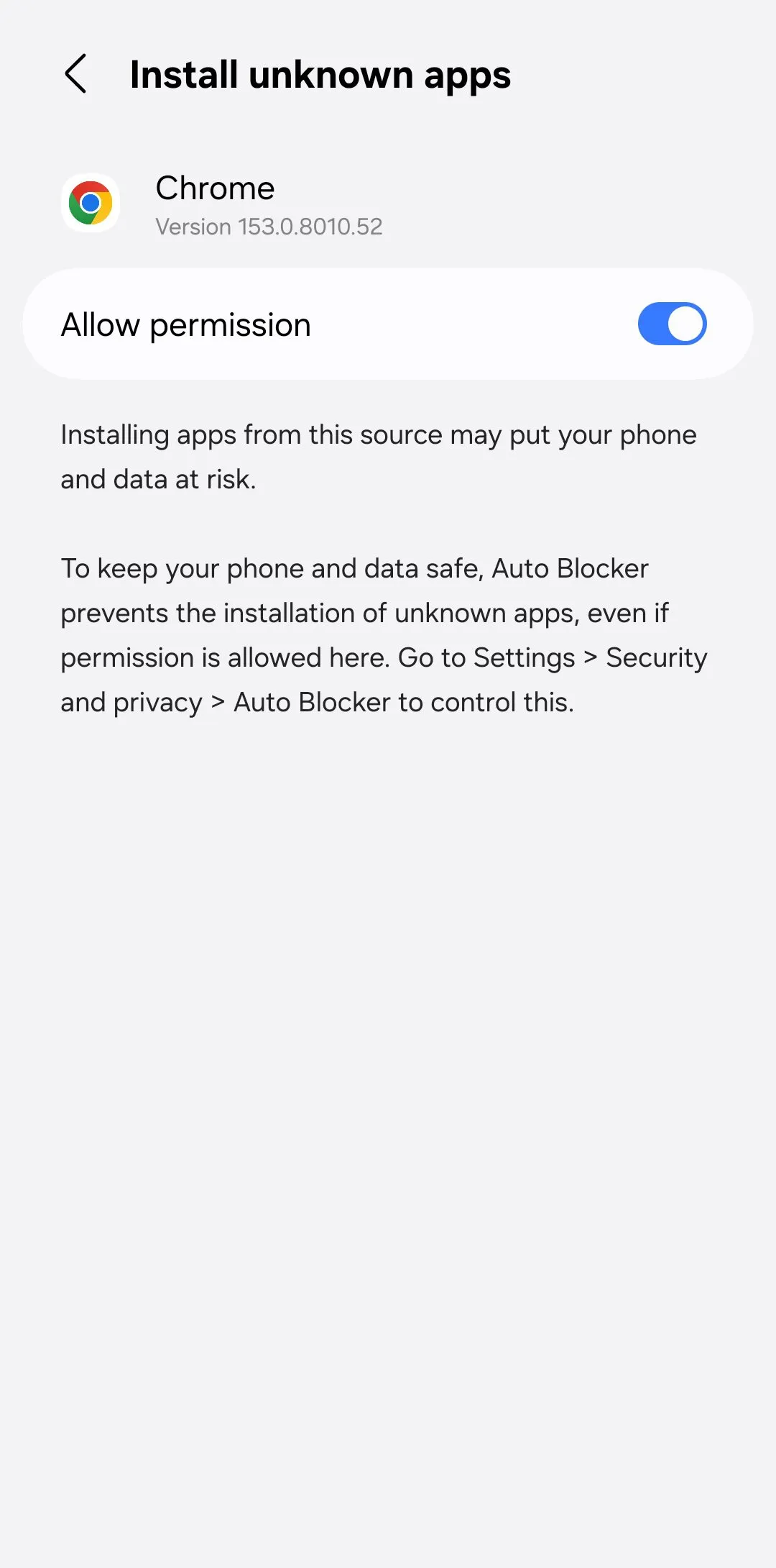 Interruptor de permiso para instalar aplicaciones desconocidas en Chrome para Android