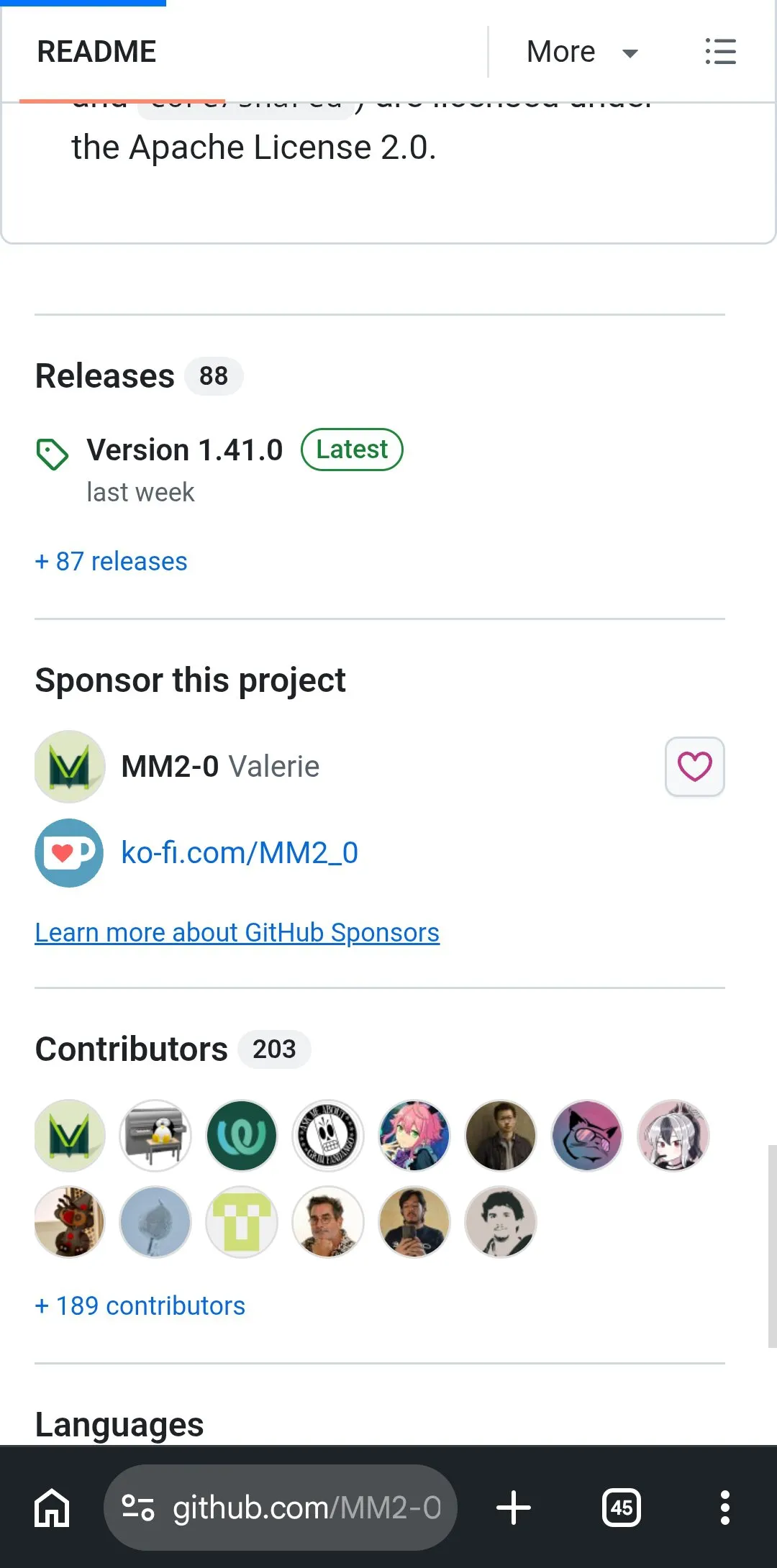 Página de GitHub de Kvaesitso abierta en Chrome para Android