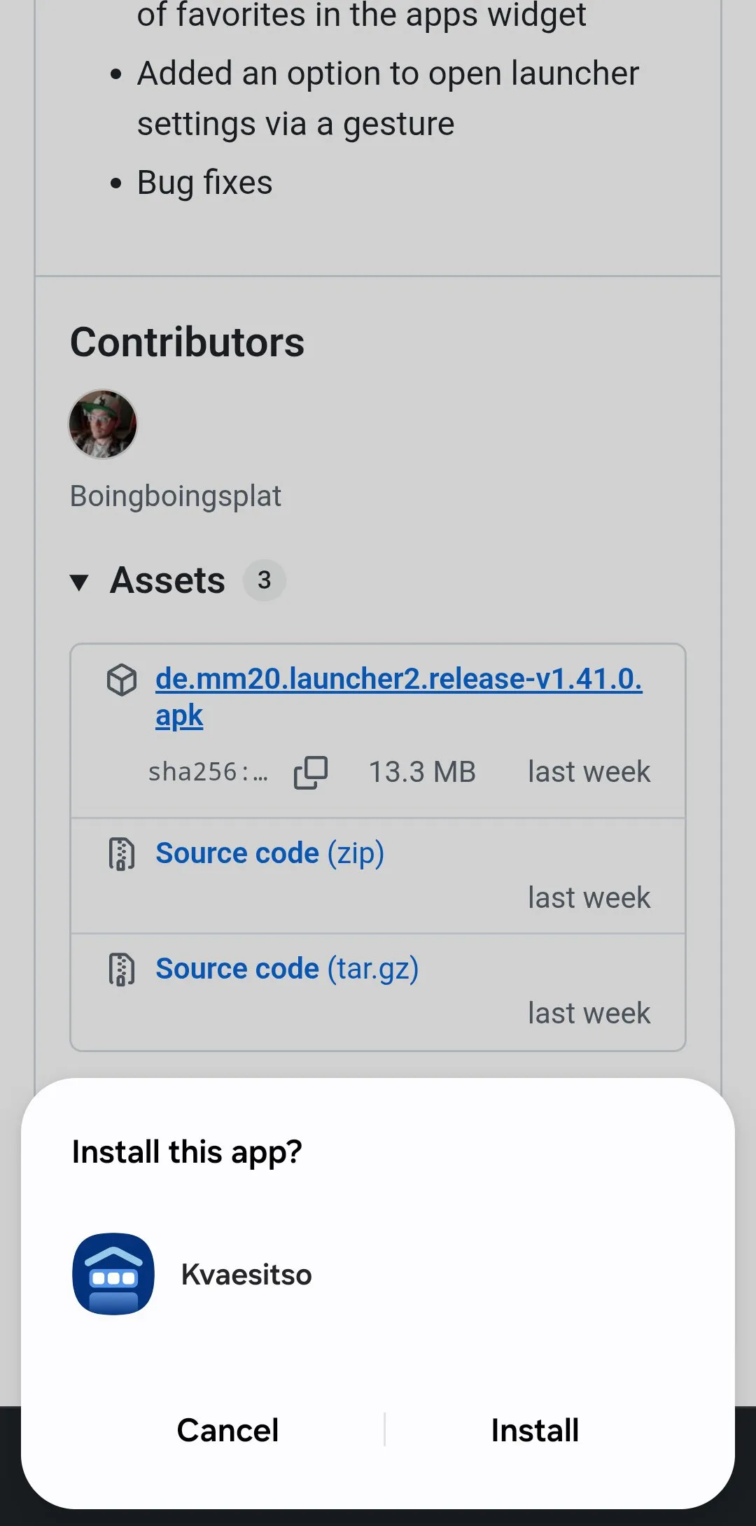 Diálogo de instalación de Kvaesitso en Android