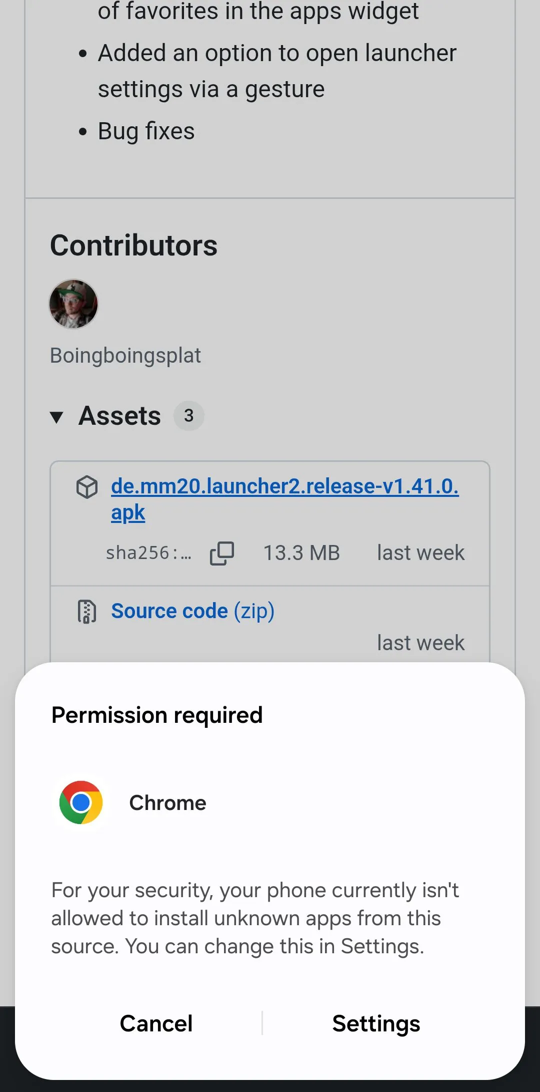 Aviso de Chrome para Android pidiendo permiso de instalación