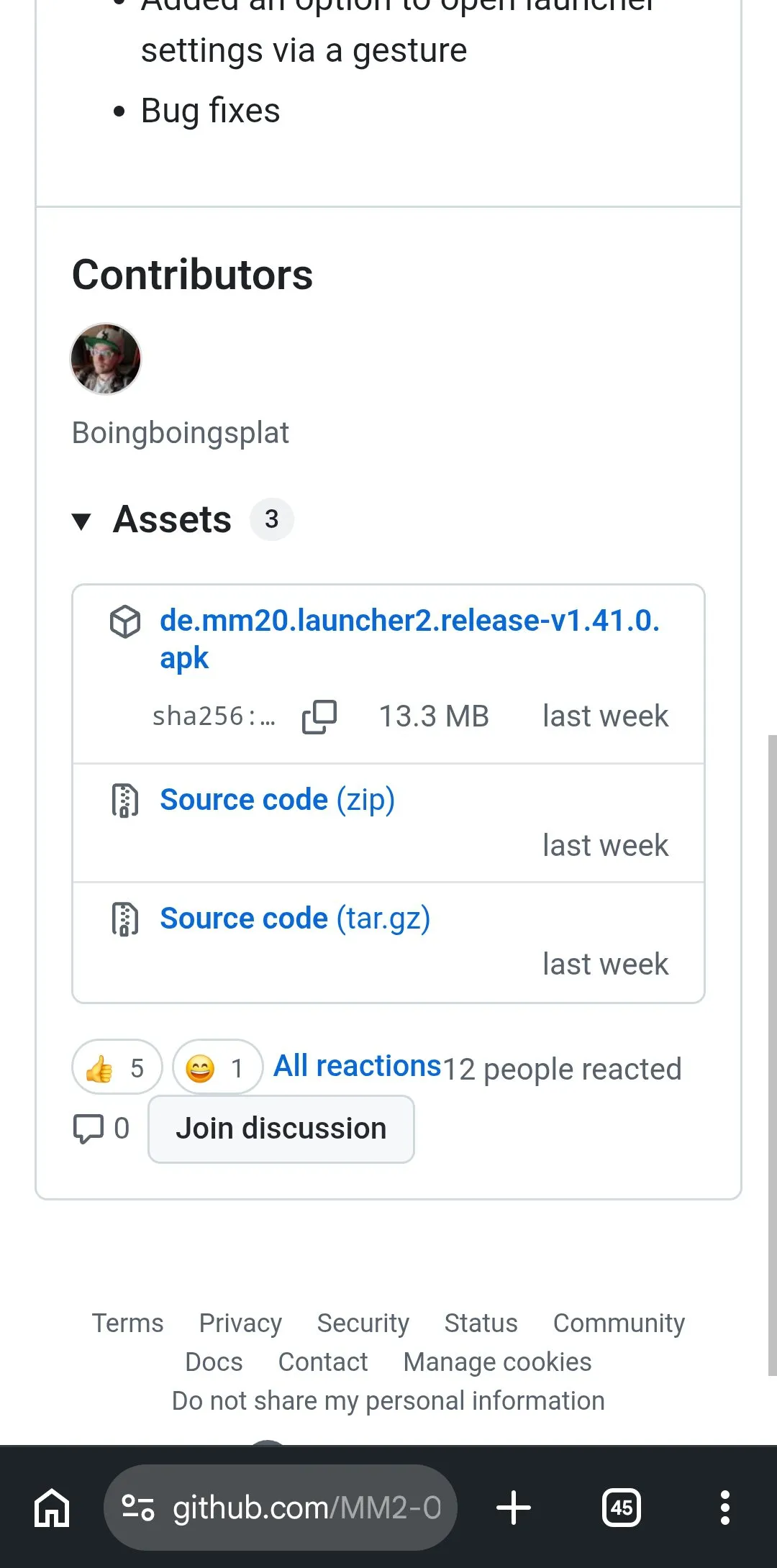 Página de descargas de Kvaesitso en Chrome para Android