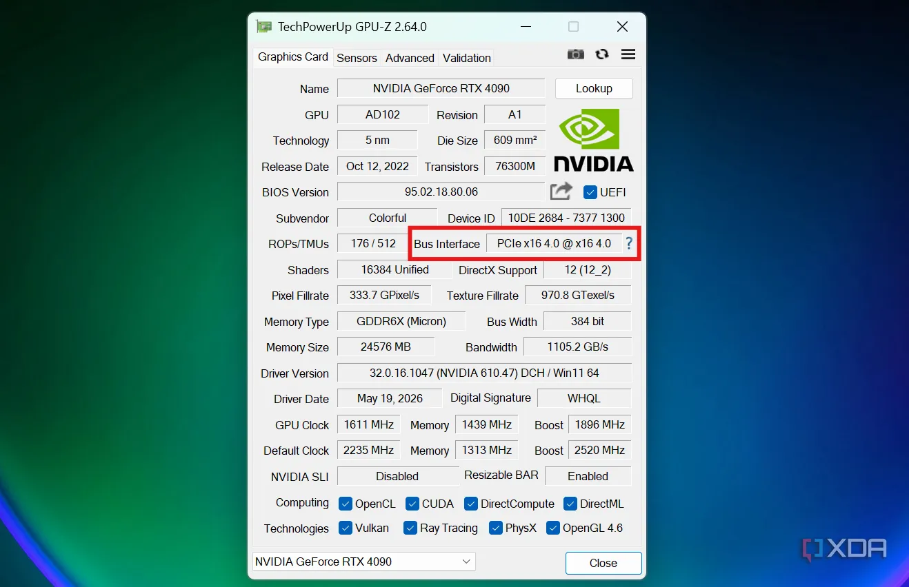 GPU-Z mostrando la velocidad de enlace PCIe de una tarjeta gráfica