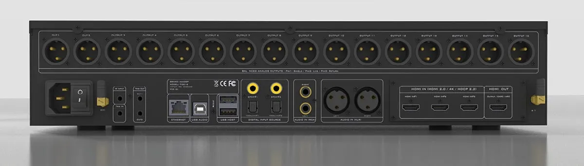 Vista trasera del Tide16 con sus entradas HDMI/eARC, USB, Bluetooth, SPDIF y analógicas
