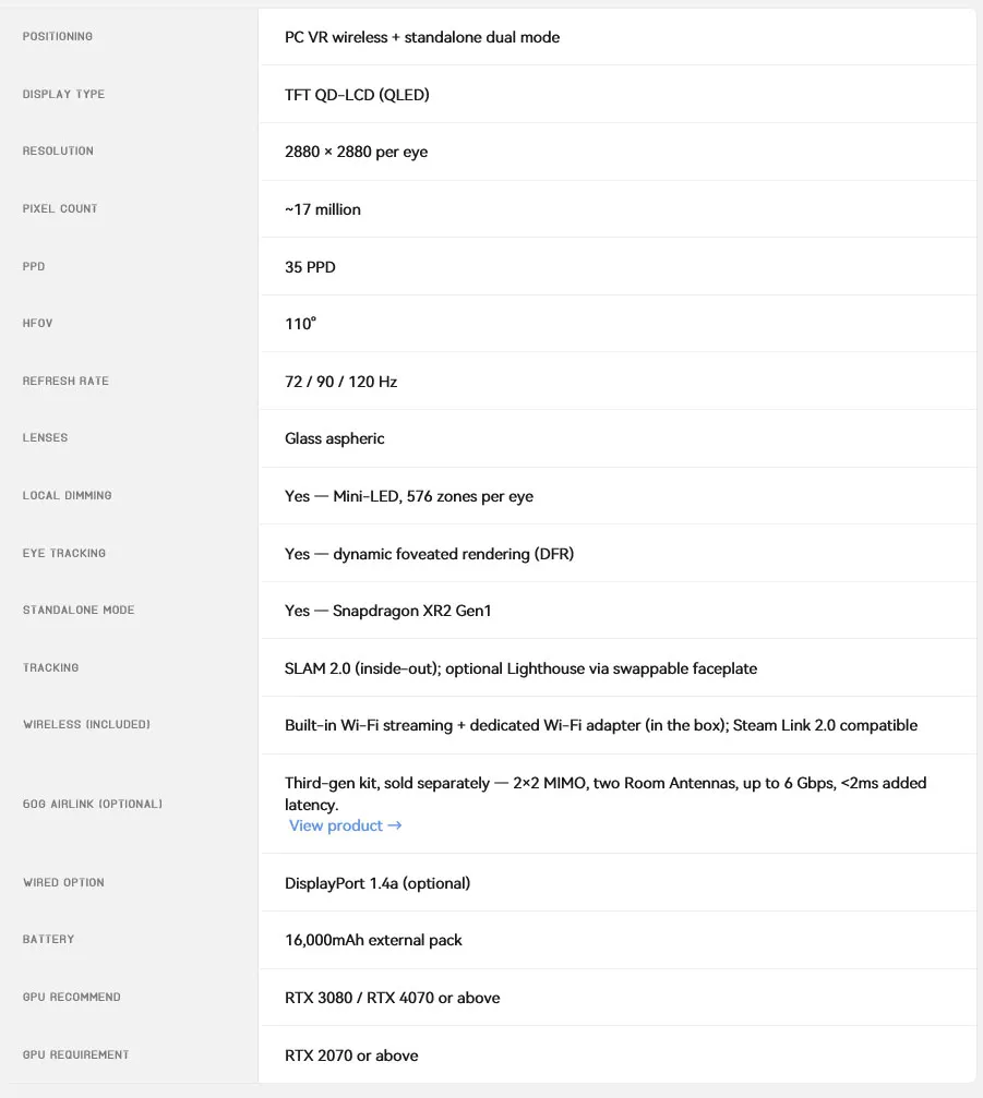 Pimax Crystal Pro specification table with resolution, tracking, battery and recommended GPU