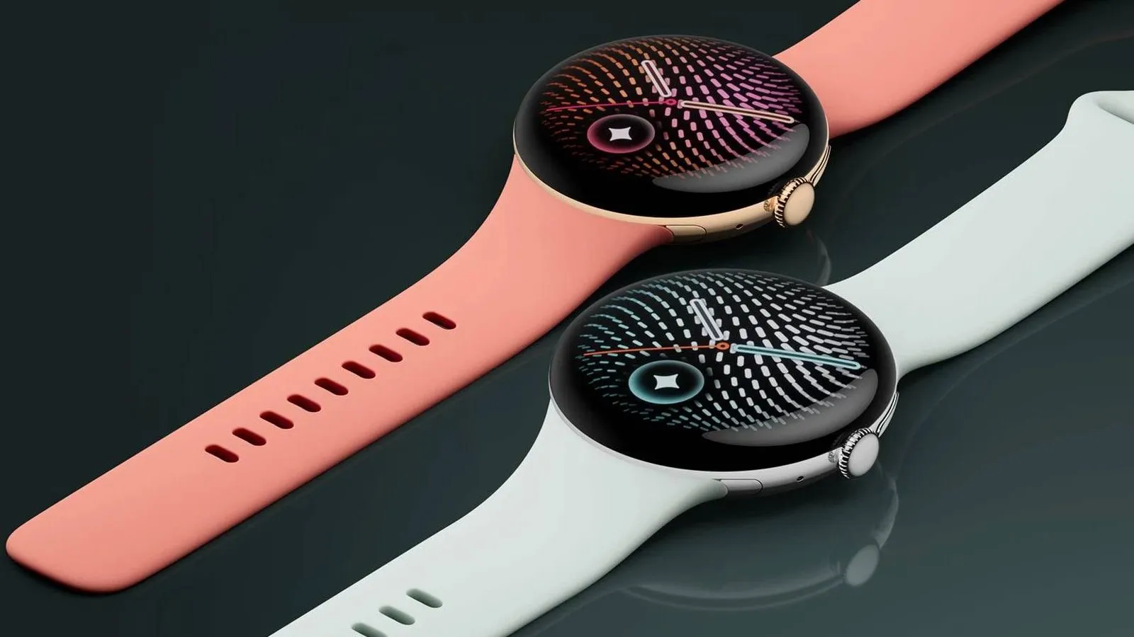 Dos Google Pixel Watch 5 con correas coral y blanca sobre fondo oscuro
