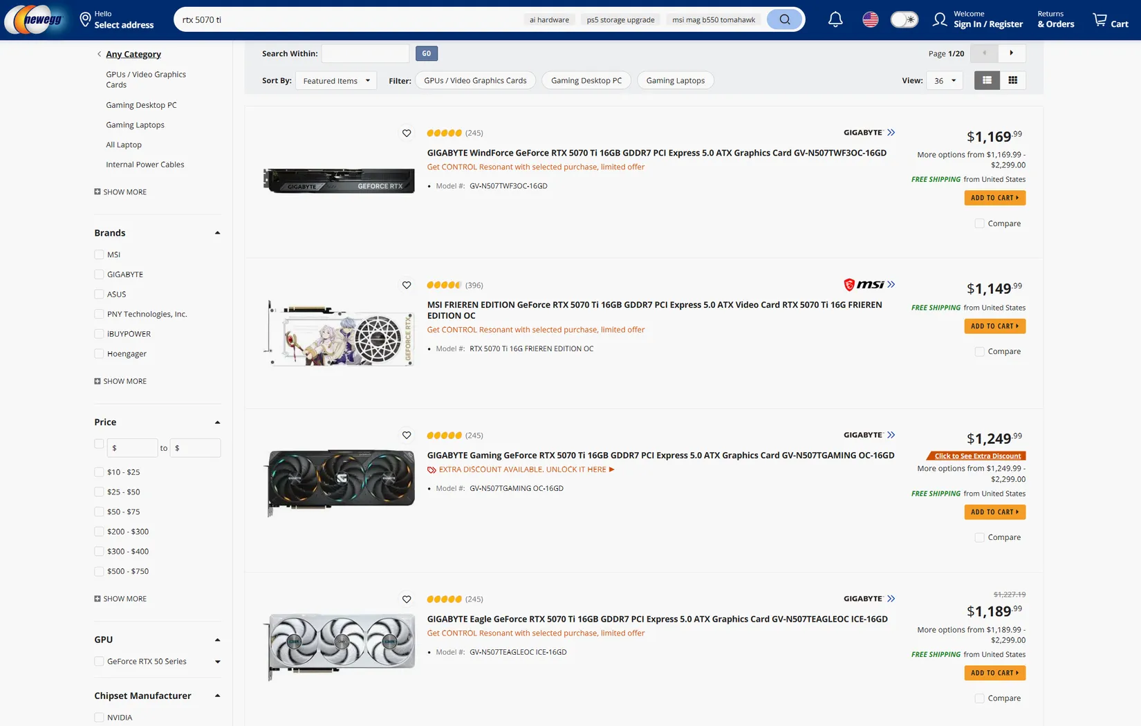 Captura de precios actuales de la RTX 5070 Ti en tienda